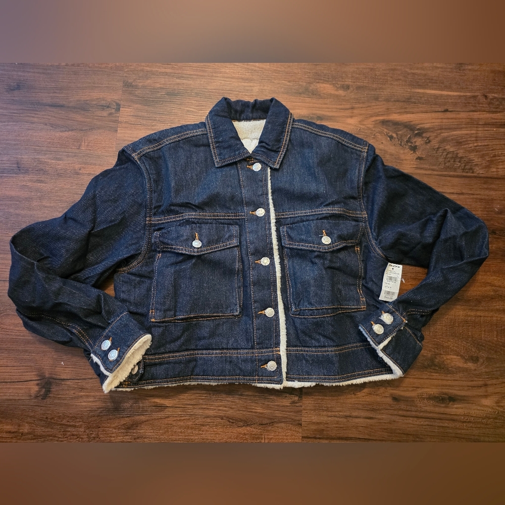 NWT RSQ Dark Blue Jean Sherpa Lined Cropped Jacket